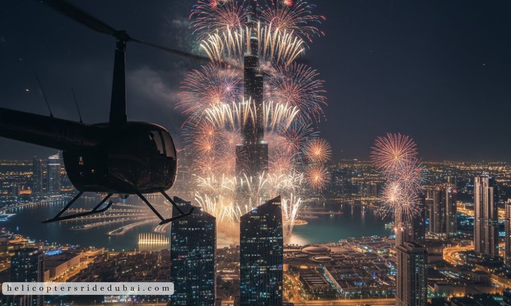 Dubai New Year fireworks from helicopter.